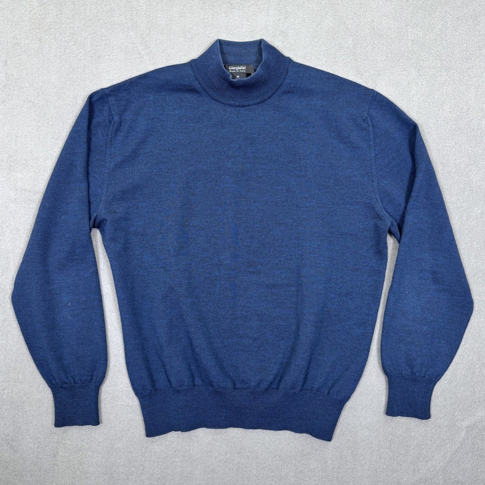 Giorgiolini Mock Neck Sweater Men M Blue Merino Wool Italy Knit Pullover Classic
